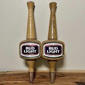 Vintage Bud Light 3 Sided Badge Solid Oak Wood Beer Taps Handle 12" ~ Set of 2